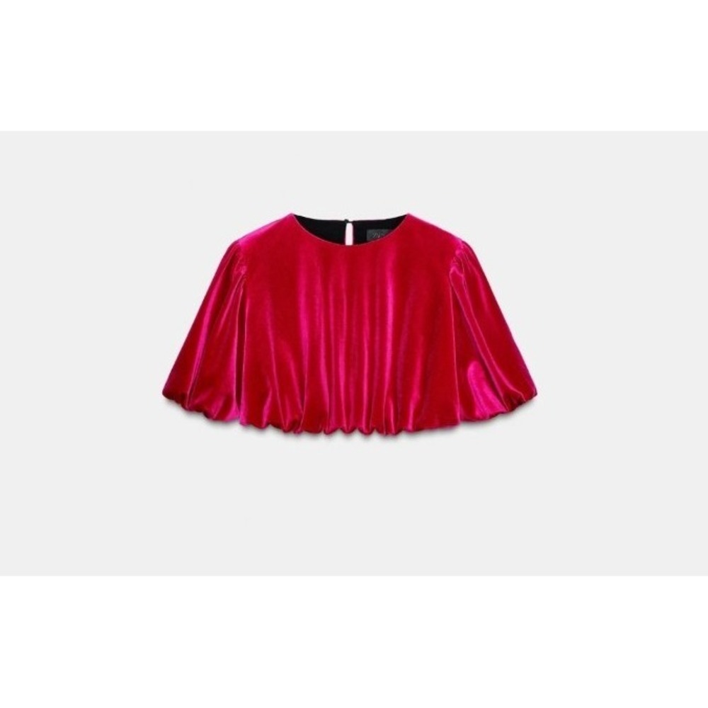 Zara Velvet Balloon Top - Fuchsia Pink Statement Sleeve Crop Top Small